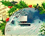 Agrifoglio Border Winter Night Scene Natale Auguri Goffrato 1910s DB Car... - $6.74