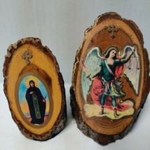 Vtg Religious Stickered 4&quot; Archangel Michael 3.5&quot; Saint  Standing Wood Slices - £14.21 GBP