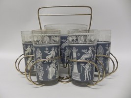 8 Mid Century Modern Glass Tumblers &amp; Ice Bucket Set W/ Caddy Greek Revival - £60.91 GBP