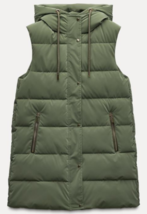 ZARA BNWT 2024. KHAKI LONG PUFFER GILET WAISTCOAT HOOD ZIP. 3046/230 - $104.84