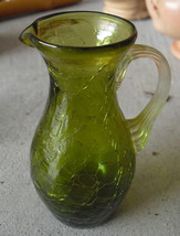 Small Vintage Green Crackle Glass Creamer or Pitcher 4 1/4&quot; Tall - $17.82