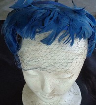 Vintage Beautiful Blue Lady’s Half Hat – Feather Trim - Mesh Half Face Veil - $59.39