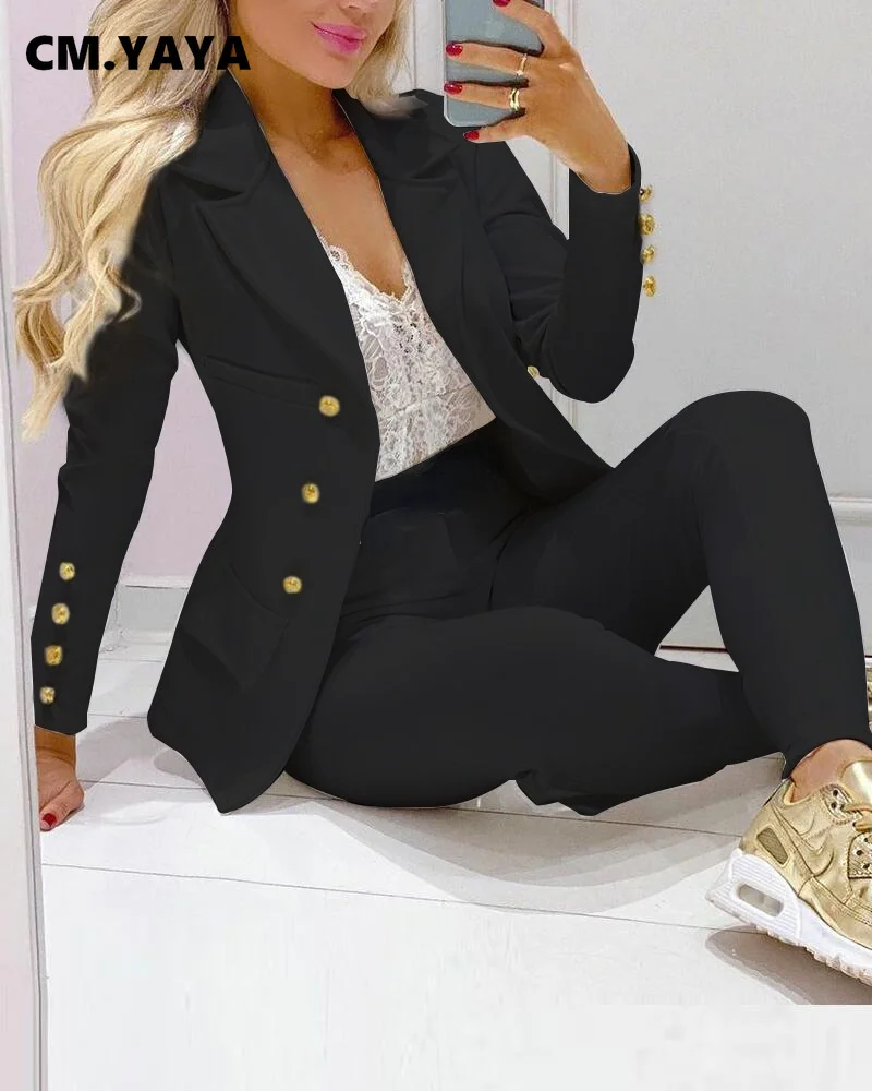 CM.YAYA Women Pants Suits Solid Single Breasted Blazers Tops + Pencil Pants Two  - £125.60 GBP