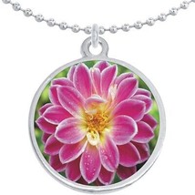 Fuchsia Flower Round Pendant Necklace Beautiful Fashion Jewelry - £8.60 GBP