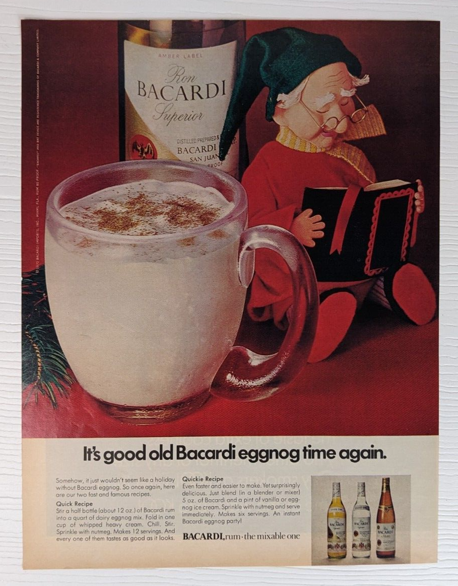 vintage 1971 Bacardi eggnog old man reading christmas PRINT AD - $14.84