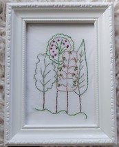 Vintage Embroidered Botanical Picture in White Frame &quot;Four Trees&quot; Red Green - £10.16 GBP