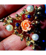 Coral Pearls Lapis Brooch Floral Design Deco Statement Solid 14k Gold 11... - €1.638,35 EUR