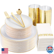 MirthMood 210Pcs Gold White Disposable Plastic Plates Set Party Dinnerware - $67.50