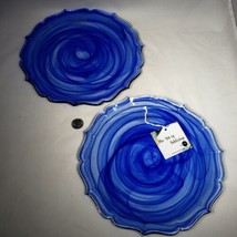 Set of 2 ArdaCam Glass Blue Cobalt Swirl Scalloped Rim 11&quot; Dinner Plates Turkey - £20.38 GBP