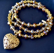 Crystal Necklace, Heart Necklace, Filigree Heart Necklace, Gold Crystal (505) - £28.77 GBP