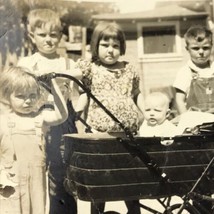 Old Original Photo BW Kids Children with Baby in Carriage Depression Era 1930s - £7.86 GBP
