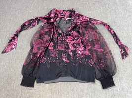 alice + olivia Blouse Womens Small Black Pink Floral Tie Neck Sheer Long... - $84.14