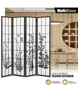 4 Panel Wooden [Floral Design] Foldable Shoji Room Divider Privacy Fabri... - £122.66 GBP