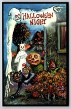 Halloween Night Matthew Kirscht Creepy Ghost Cat JOL Skelton Linen Postcard MK - £37.73 GBP