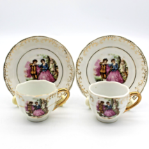 Miniature Cup Saucer Set of 2 Courting Couple Lucky Porcelain Japan Vint... - $13.79