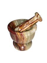 Vintage Hand-Carved Onyx Mortar &amp; Pestle Set Brown Green White Marble 2.... - $353.43 MXN