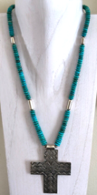 Navajo Turquoise Beaded Necklace &amp; Signed Michael Tahe Sterling Cross Pe... - £231.81 GBP