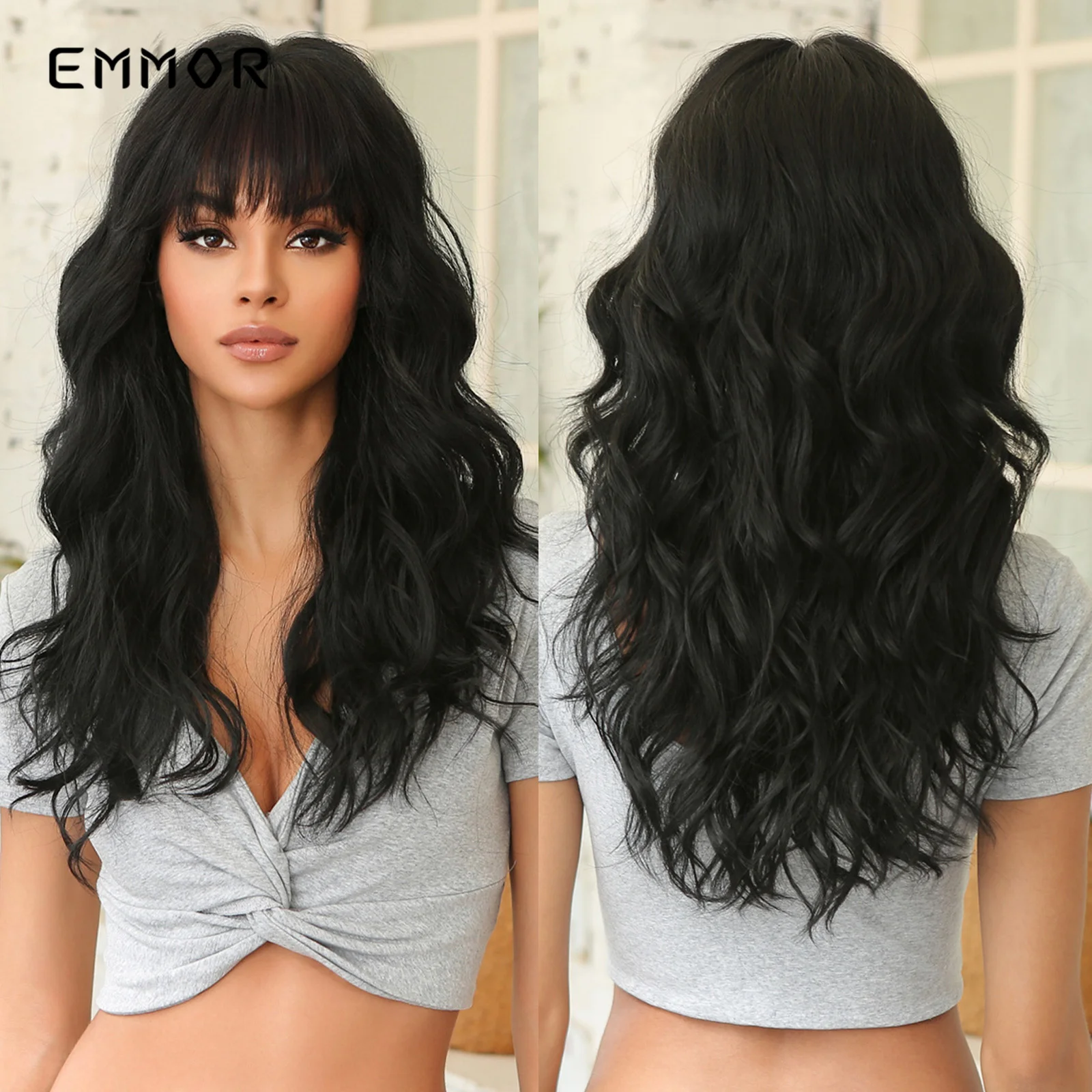 Emmor Black Long Wave Wigs with Bangs for Women High Quality Synthetic Wig - £23.32 GBP
