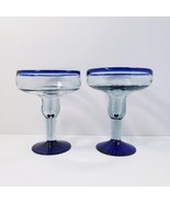 2-Cobalt Blue Clear Mexican Art Glass Hand-Blown Margarita Glasses - £17.69 GBP