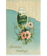 Birthday Victorian Postcard M097 1911 Embossed Pink Flowers House Church... - $3.81