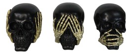 Set Of 3 Gothic Black See Hear Speak No Evil Skulls Golden Hands 3&quot;H Fig... - $23.99