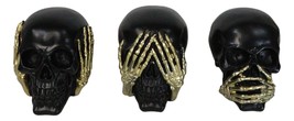 Set Of 3 Gothic Black See Hear Speak No Evil Skulls Golden Hands 3&quot;H Figurines - £19.29 GBP