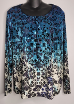 Chicos Womens Top Blouse 2 Large Velvet Geometric Ombre Shimmer Long Sleeve - £22.90 GBP
