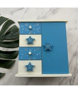 Vintage Y2k Wood Jewelry Box Mini Drawers Blue White Twinkle Star Wish C... - $540.93 MXN