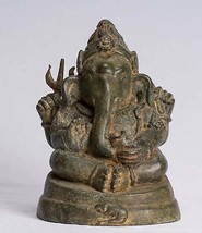 Ganesha Statua - Antico Thai Stile Bronzo Seduta 4-Arm - £160.78 GBP