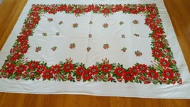 Vintage Christmas Floral Poinsetta Red White Cotton Large Tablecloth 59&quot;... - £11.83 GBP