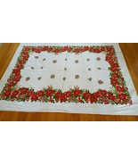 Vintage Christmas Floral Poinsetta Red White Cotton Large Tablecloth 59&quot;... - $14.80