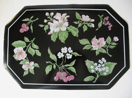Black Vinyl Placemats with Flower Pattern 17 in x 12 in, Set of 4, Vintage - $7.91