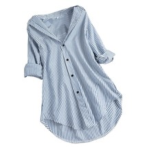 3-3XL Summer Stripe Blouses Women Turn-down Collar Button Shirts Casual Loose Lo - £39.61 GBP