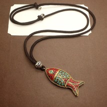 Handmade Fish Pendant Necklace Adjustable Long Sweater Chain Ethnic Original Des - £18.29 GBP