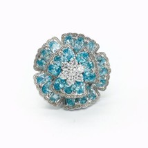 Estate Pave Aqua Blue Clear White Cubic Zirconia Flower Naga Sterling Ring - £74.85 GBP