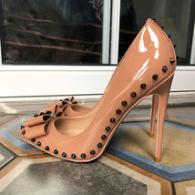 Tikicup Nude Bowknot Women Sexy Spikes Patent Stiletto Pumps Pointy Toe Slip On  - £62.37 GBP