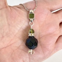 Long 36&quot; Liz Claiborne Silver Tone Necklace Black Glass Crystal Handmade Pendant - £19.94 GBP