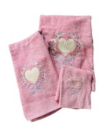 Vintage Saturday Knight Bathroom 3 Towel Set Pink Satin Heart 80&#39;s 90&#39;s ... - $29.41