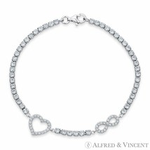 Heart &amp; Infinity Charm CZ Crystal 925 Sterling Silver w/ Rhodium Tennis Bracelet - £23.96 GBP