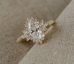 2Ct Marquise LC Moissanite Halo Cluster Engagement Rin Yellow Gold Plated - £190.91 GBP