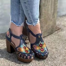 Ladies High Heel Sandals Summer Mesh Retro Printing Shoes Thick Heels Round Toe  - £31.90 GBP