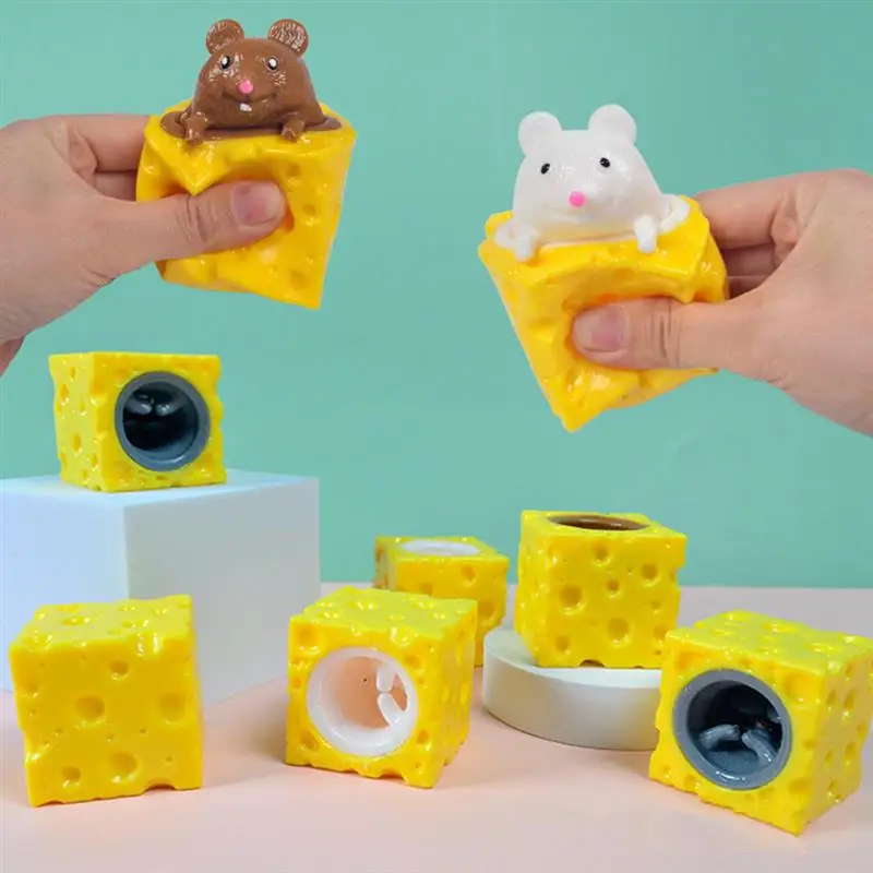4Pcs Funny Mouse and Cheese Block Squeeze Anti-stress Toy Hide and Seek Figures - £10.81 GBP