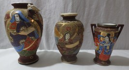 3 Vintage Japanese Moriage Satsuma Earthenware &#39;kannon &amp; Rakan&#39; Geisha Vases - £52.27 GBP