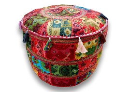 Indian Decorative Pouf OttomanEmbroidered &amp; Patchwork Red Ottoman Cover  - £31.38 GBP