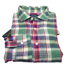 Polo Ralph Lauren Men&#39;s Madras Plaid Shirt 100% Linen Green Multi Size Large - £40.17 GBP