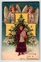 Christmas Postcard Embossed Lovely Angels Gold Cross Stars Vintage Religious - £8.85 GBP