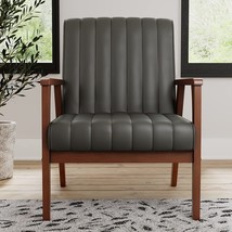Gray, Real Wood, Modern Channeled Tufting, Exposed Wooden Arm Accent Chair By - £203.67 GBP