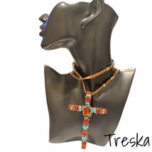 Treska Collection Cross Pendant Necklace Turquoise &amp; Coral Southwestern Jewelry - £21.38 GBP