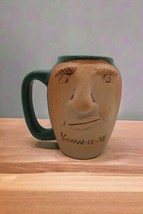 Booty Jug Art Pottery Coffee Face Mug Know It All Large 3D Face Green Beige  - £11.86 GBP