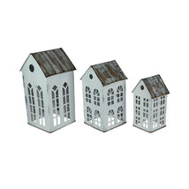 Scratch &amp; Dent Set of 3 Rustic Farmhouse White Metal House Shaped Candle Holders - $49.49